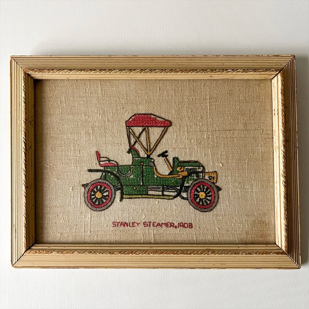 Vintage Hand-Stitched Needlepoint Car Stanley Steamer 1908 Framed